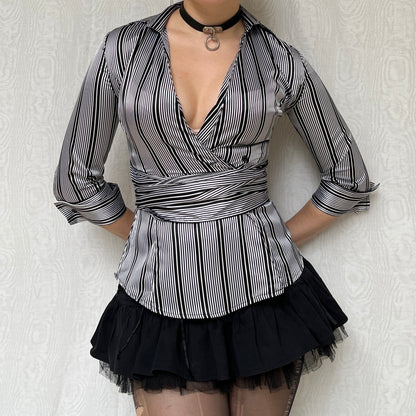 Vintage 00s Office Siren Stripped Wrap Blouse Top (S)