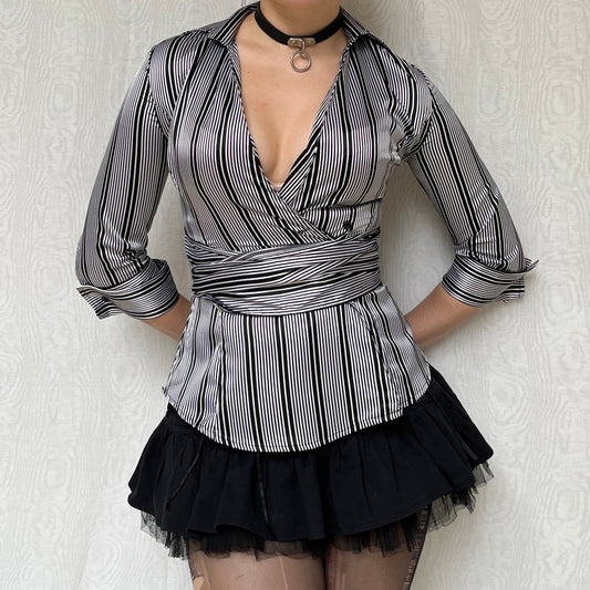 Vintage 00s Office Siren Stripped Wrap Blouse Top (S)