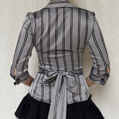 Vintage 00s Office Siren Stripped Wrap Blouse Top (S)