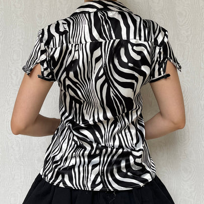 Vintage 00s Eclectic Zebra Pattern Satin Short Sleeve Top (S)