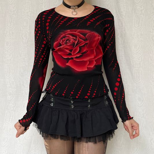 Vintage 00s Romantic Graphic Rose Long Sleeve Mesh Top (S)