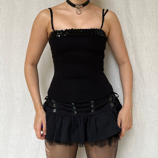 Vintage 00s Clubwear Sequin Neckline Black Corset Top (S)