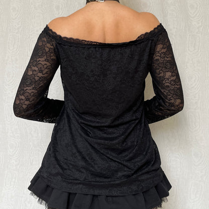 Vintage 00s Romantic Gothic Lace Off Shoulder Long Sleeve Top (M/L)
