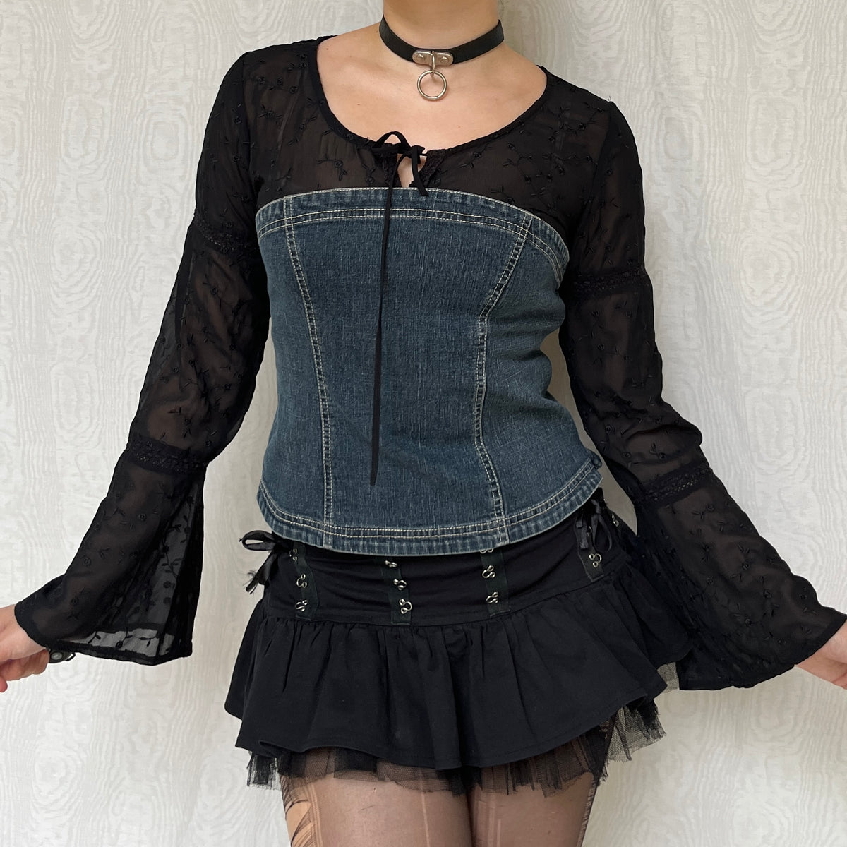 Vintage 00s Witchy Denim Bustier & Embroidered Mesh Bell Sleeve Top (M/L)