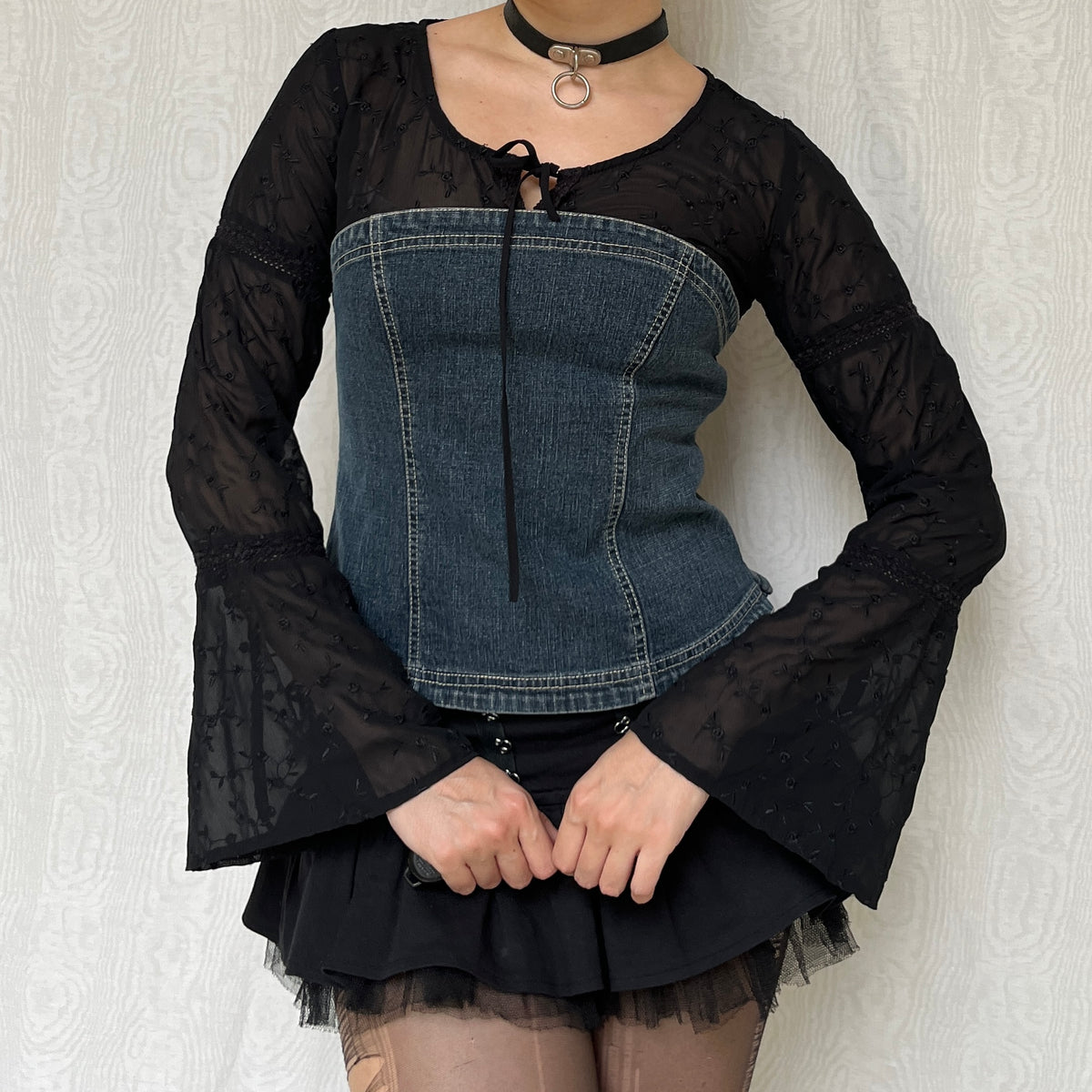 Vintage 00s Witchy Denim Bustier & Embroidered Mesh Bell Sleeve Top (M/L)