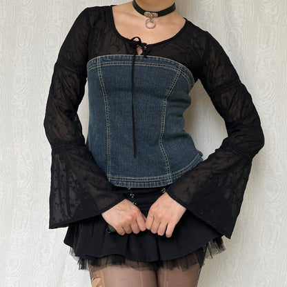 Vintage 00s Witchy Denim Bustier & Embroidered Mesh Bell Sleeve Top (M/L)