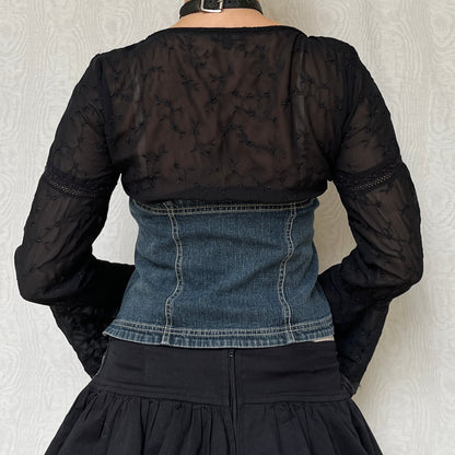 Vintage 00s Witchy Denim Bustier & Embroidered Mesh Bell Sleeve Top (M/L)