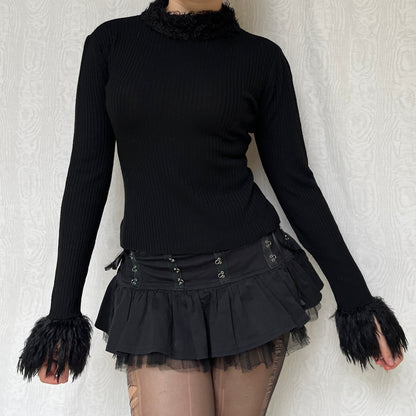 Vintage 00s Deadstock Faux Fur Trim Neck & Sleeves Knit Top (S/M)