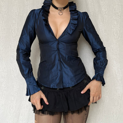 Vintage 00s Romantic Gothic Ruffled Neckline Blouse Top (S)