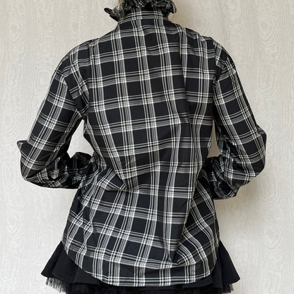 Vintage 00s Eclectic Plaid Ruffled Collar Long Sleeve Blouse Top (M/L)