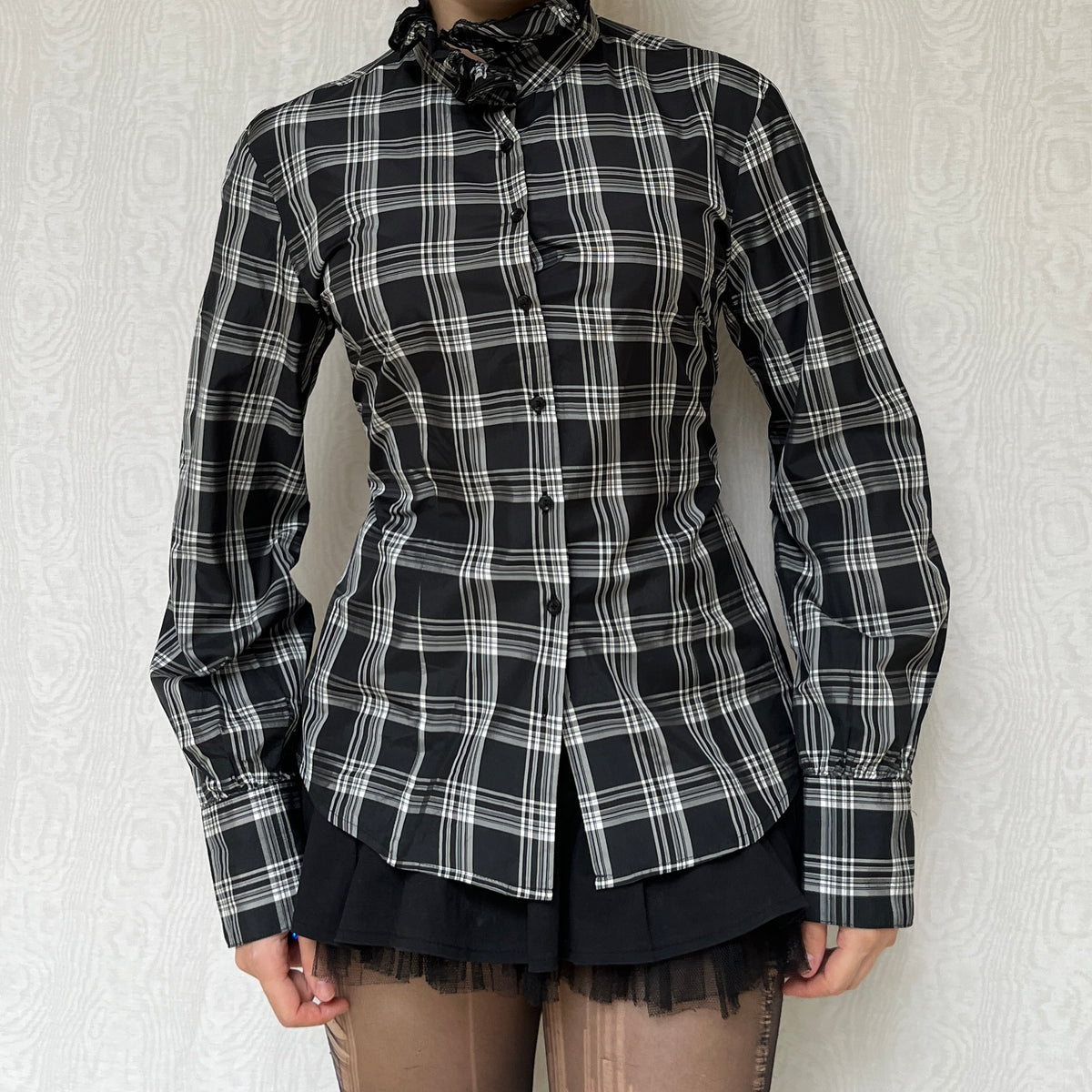 Vintage 00s Eclectic Plaid Ruffled Collar Long Sleeve Blouse Top (M/L)