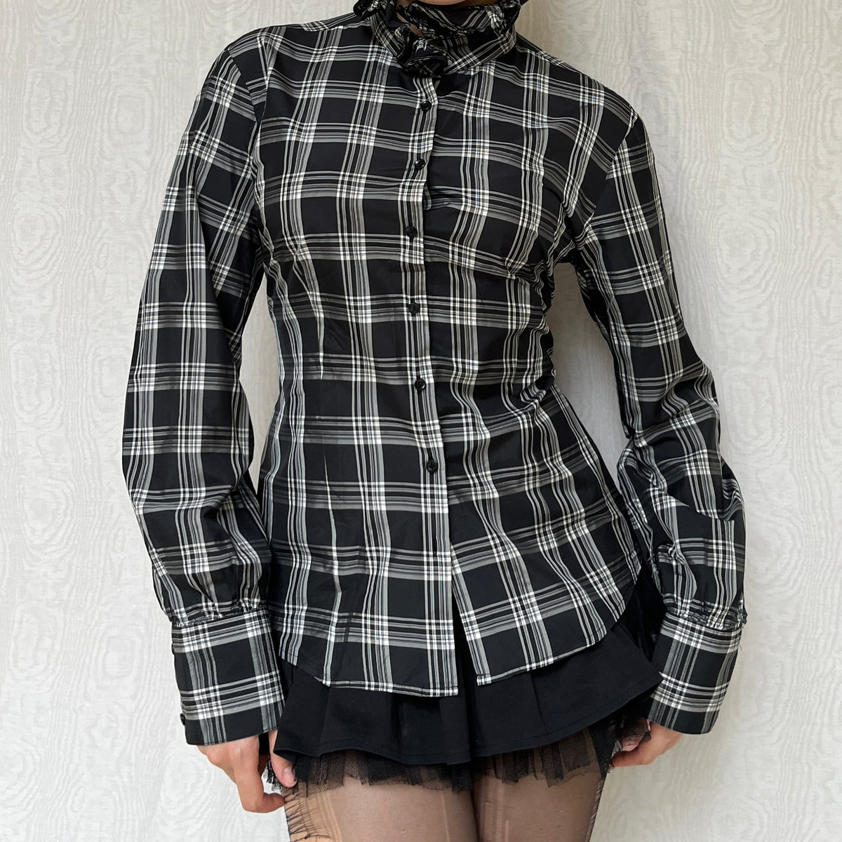 Vintage 00s Eclectic Plaid Ruffled Collar Long Sleeve Blouse Top (M/L)