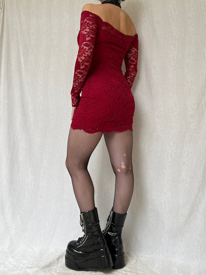 Vintage 00s Romantic Goth Red Lace Off Shoulder Mini Dress (S)