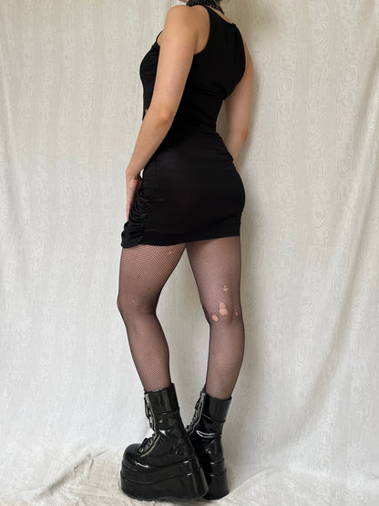 Vintage 00s Gothic Black Halter Mini Dress w Draped Details (S)