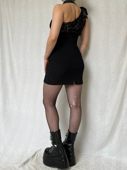 Vintage 00s Formal Romantic Goth Mini Dress w Lace Bust (M)