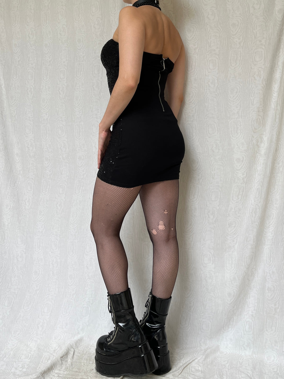 Vintage 00s Sleaze Clubwear Black Sequin Strapless Mini Dress (S)