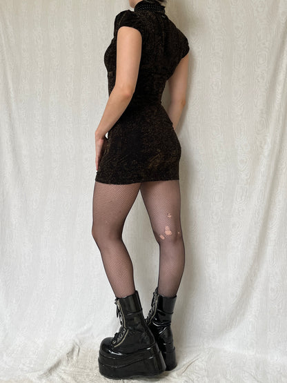 Vintage 00s Clubwear Black Gold Glittery Mini Dress (S/M)