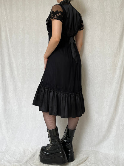 Vintage 00s Romantic Goth Black Midi Dress w Lace Short Sleeve (S)