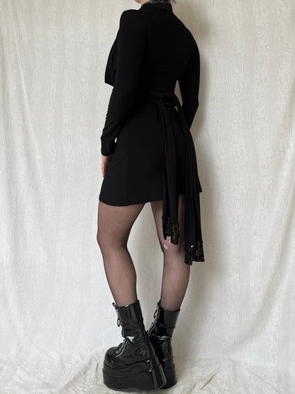 Vintage 00s Clubwear Black Long Sleeve Dress w Sequin Underlay (S)