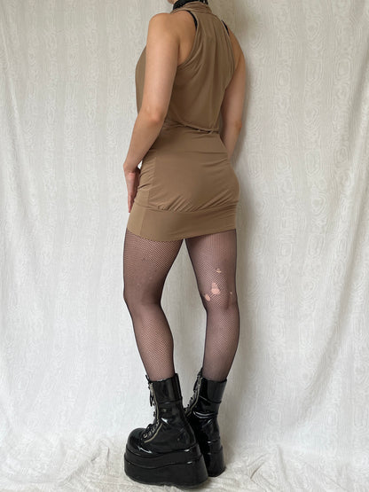 Vintage 00s Deadstock Clubwear Nude Halter Mini Dress (S)