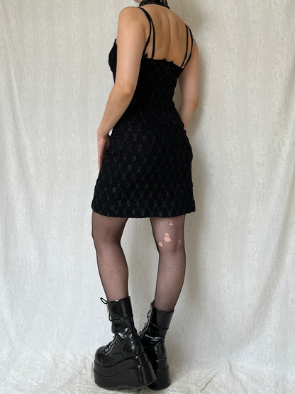 Vintage 00s Romantic Glittery Fishnet Black Dress (S)