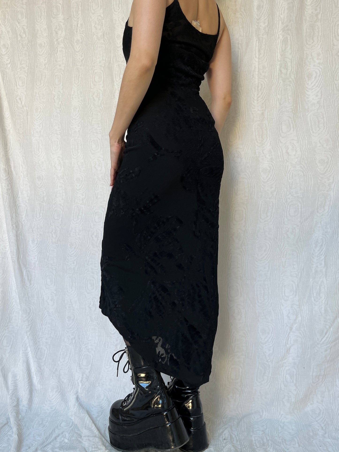 Vintage 00s Gothic Prom Black Silk Maxi Dress (S)