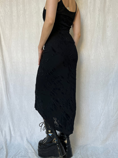 Vintage 00s Gothic Prom Black Silk Maxi Dress (S)