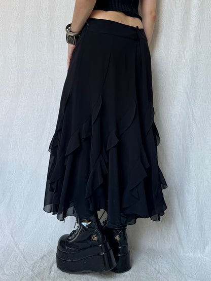 Vintage 90s Gothic Witchy Ruffled Black Maxi Skirt (M)
