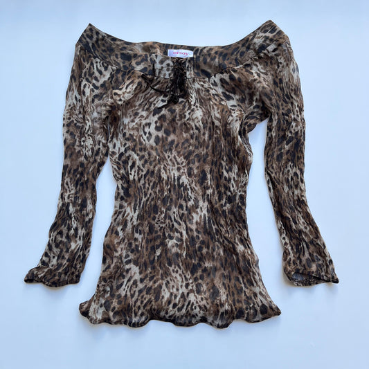 Vintage 00s Biker Chic Leopard Silk Blouse (S)