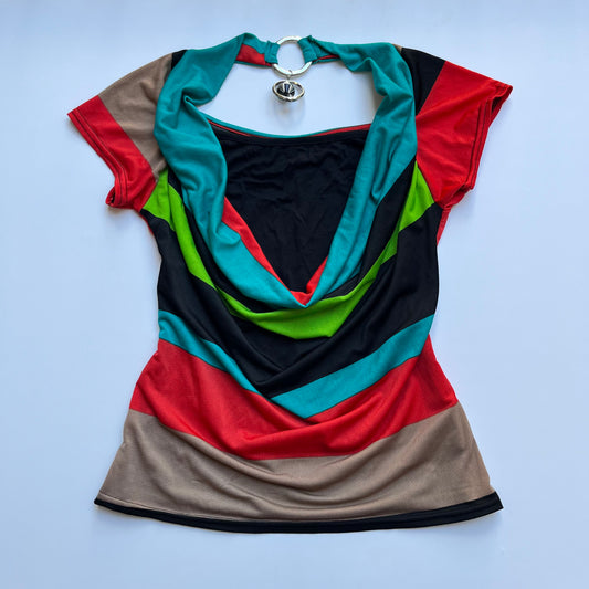 Vintage 00s Eclectic Multi Cowl Neck Blouse (S)