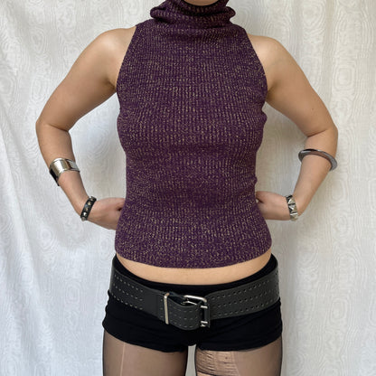 Vintage 00s Eclectic Knit Purple Sleeveless Turtleneck Top (S)