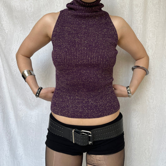 Vintage 00s Eclectic Knit Purple Sleeveless Turtleneck Top (S)