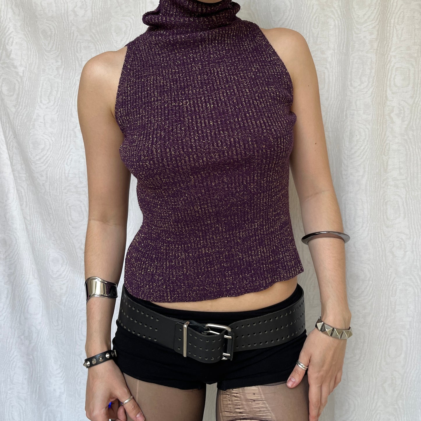 Vintage 00s Eclectic Knit Purple Sleeveless Turtleneck Top (S)