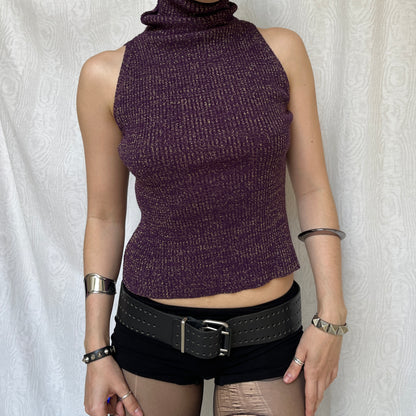 Vintage 00s Eclectic Knit Purple Sleeveless Turtleneck Top (S)