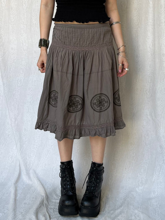 Vintage 00s Boho Khaki Midi Skirt (S)