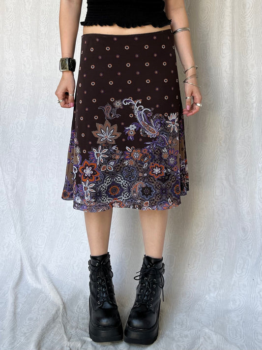 Vintage 00s Boho Brown Graphic Midi Skirt (M/L)