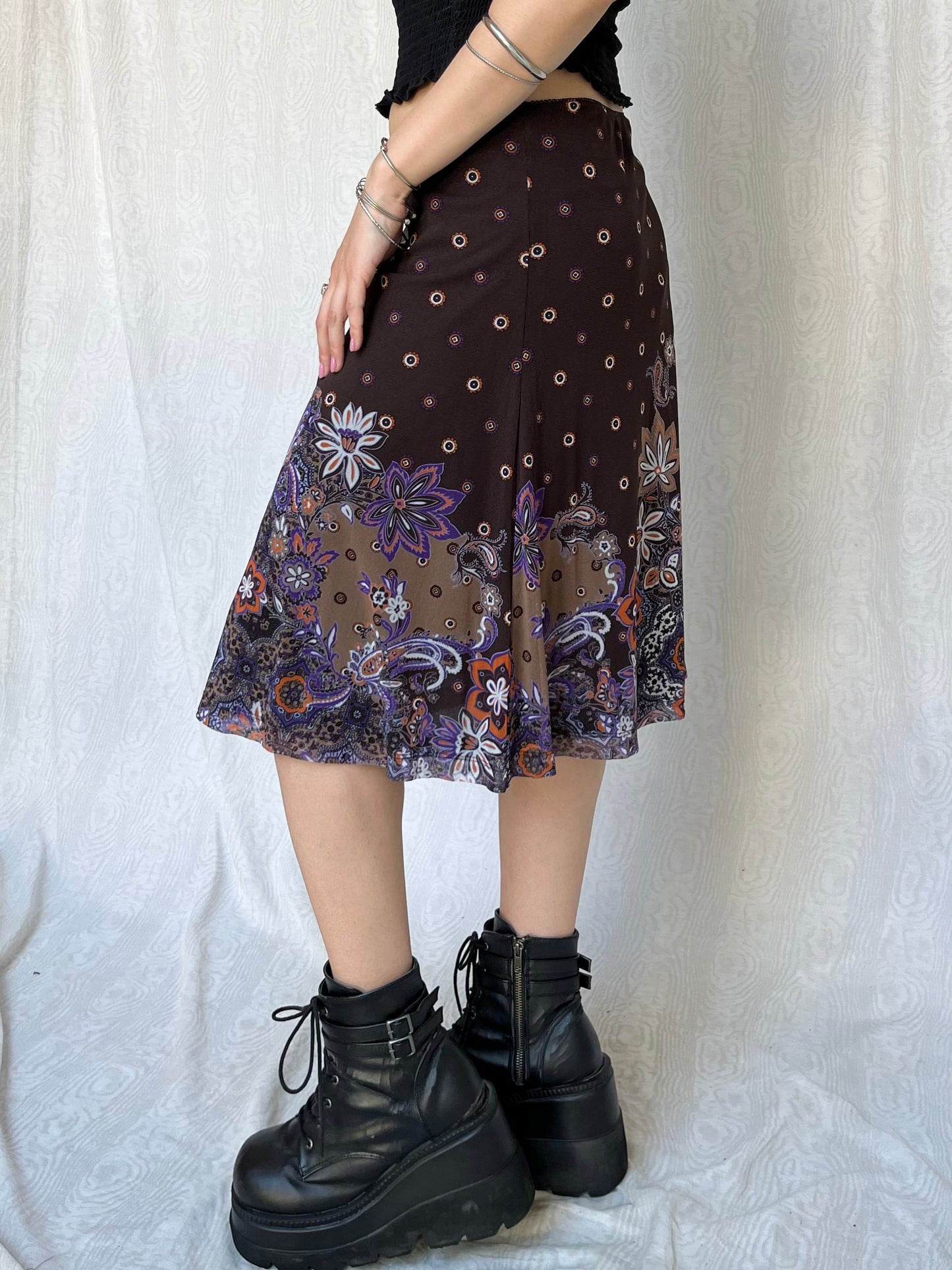 Vintage 00s Boho Brown Graphic Midi Skirt (M/L)