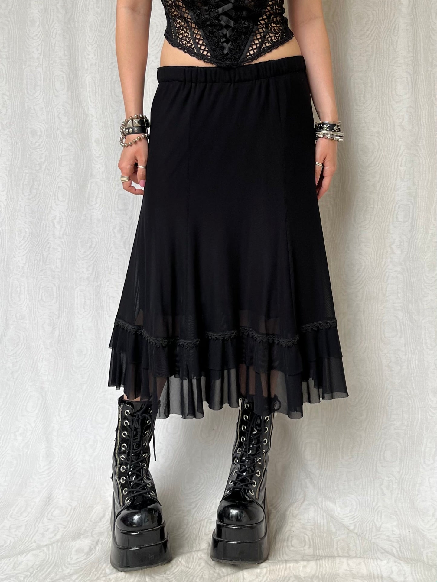 Vintage 90s Goth Black Midi Skirt (S)