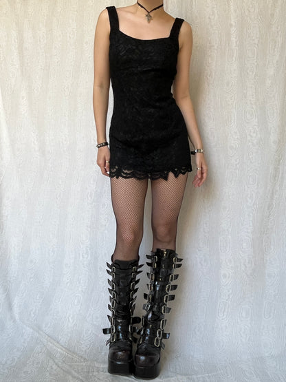Vintage 00s Romantic Goth Black Lace Mini Dress (S)