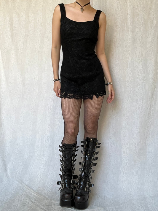Vintage 00s Romantic Goth Black Lace Mini Dress (S)