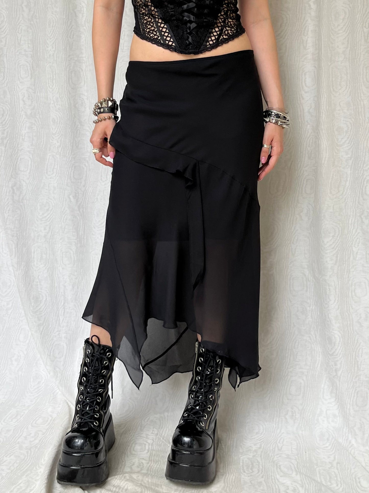 Vintage 00s Goth Asymmetric Mesh Maxi Skirt (L)