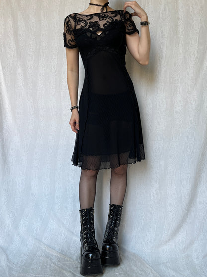 Vintage 00s Romantic Goth Black Lace&Mesh Dress (S)
