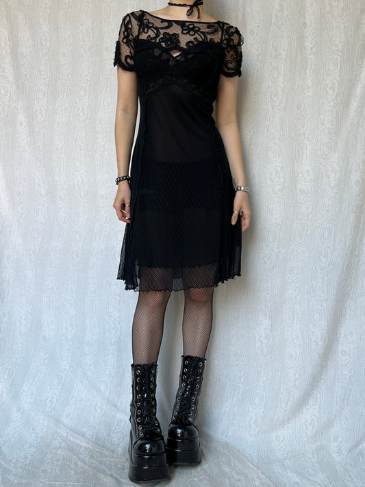 Vintage 00s Romantic Goth Black Lace&Mesh Dress (S)