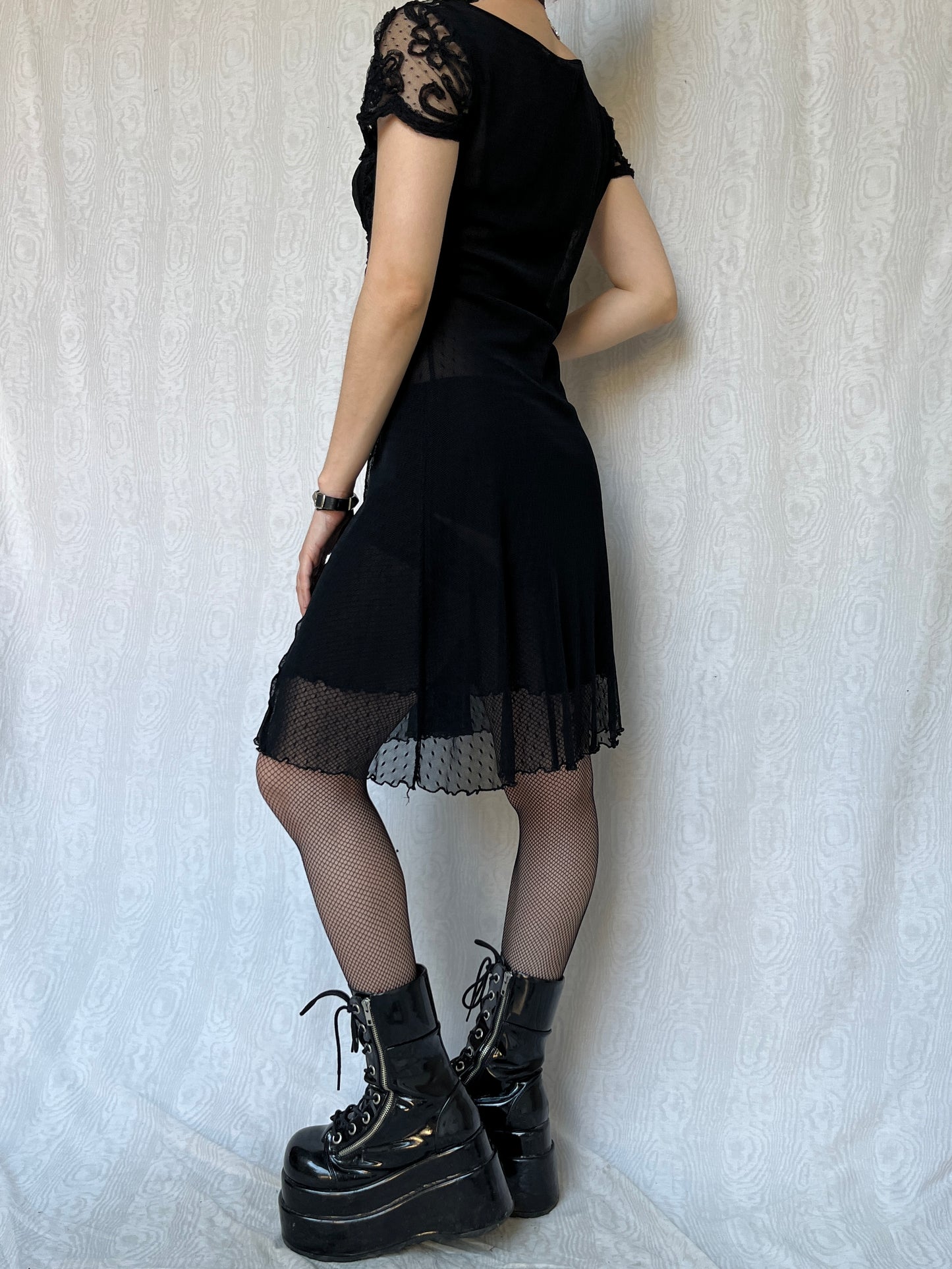 Vintage 00s Romantic Goth Black Lace&Mesh Dress (S)
