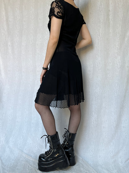 Vintage 00s Romantic Goth Black Lace&Mesh Dress (S)