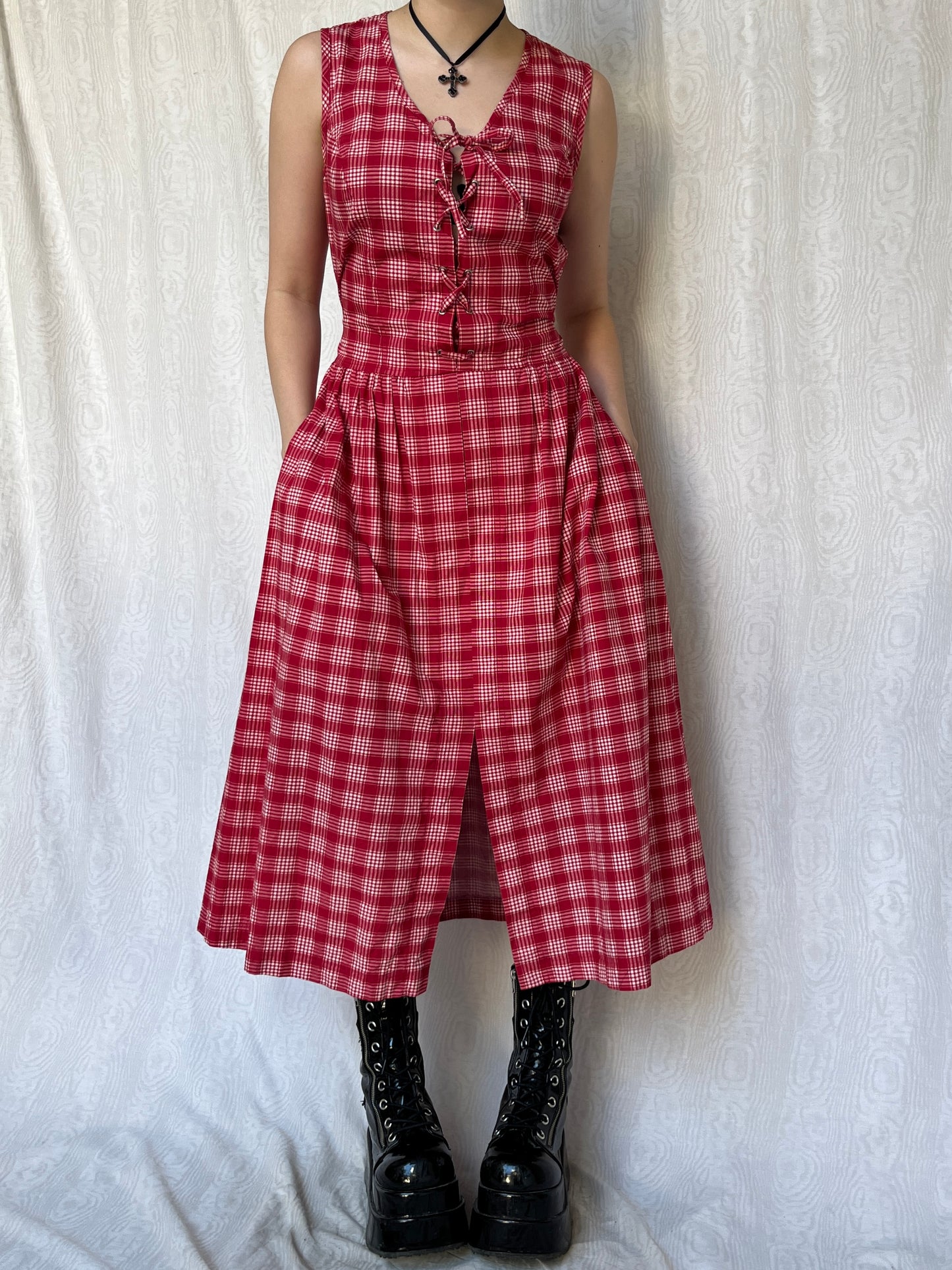 Vintage 00s Cottage Plaid Red Maxi Dress (S-L)