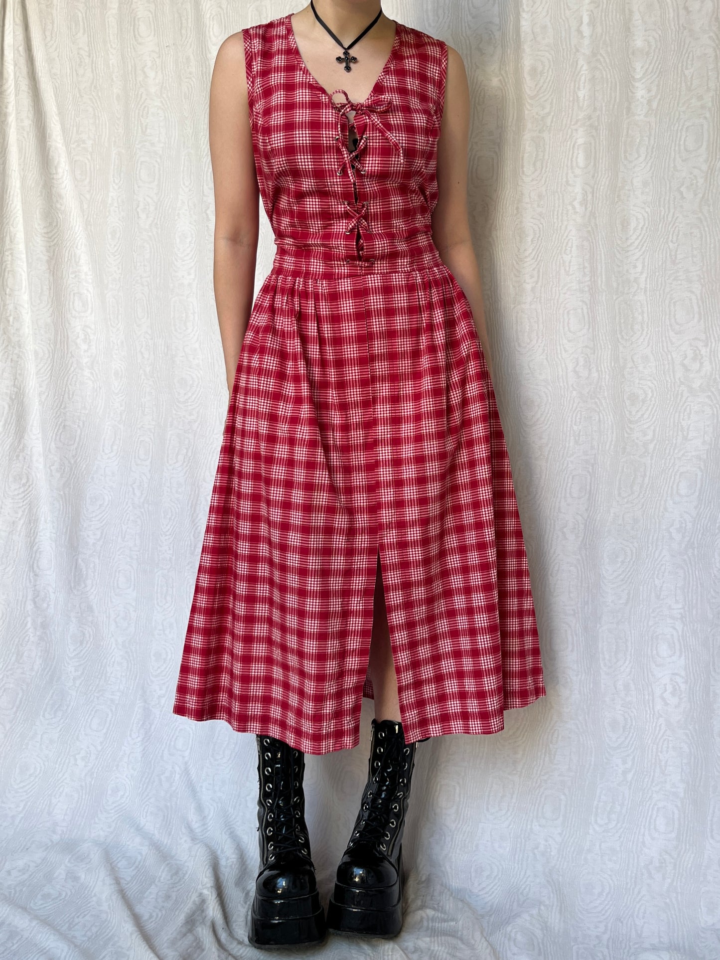 Vintage 00s Cottage Plaid Red Maxi Dress (S-L)