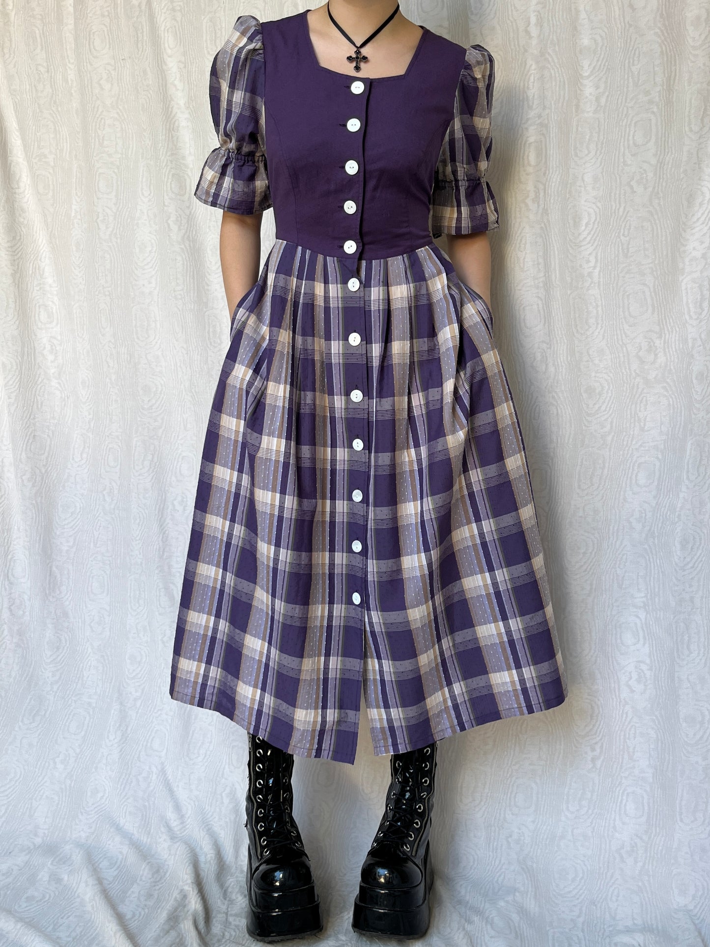Vintage 00s Cottage Purple Plaid Maxi Dress (L)