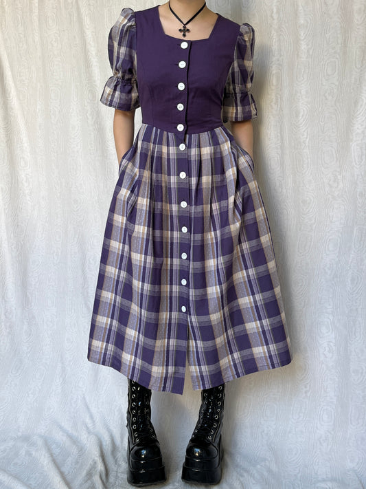 Vintage 00s Cottage Purple Plaid Maxi Dress (L)