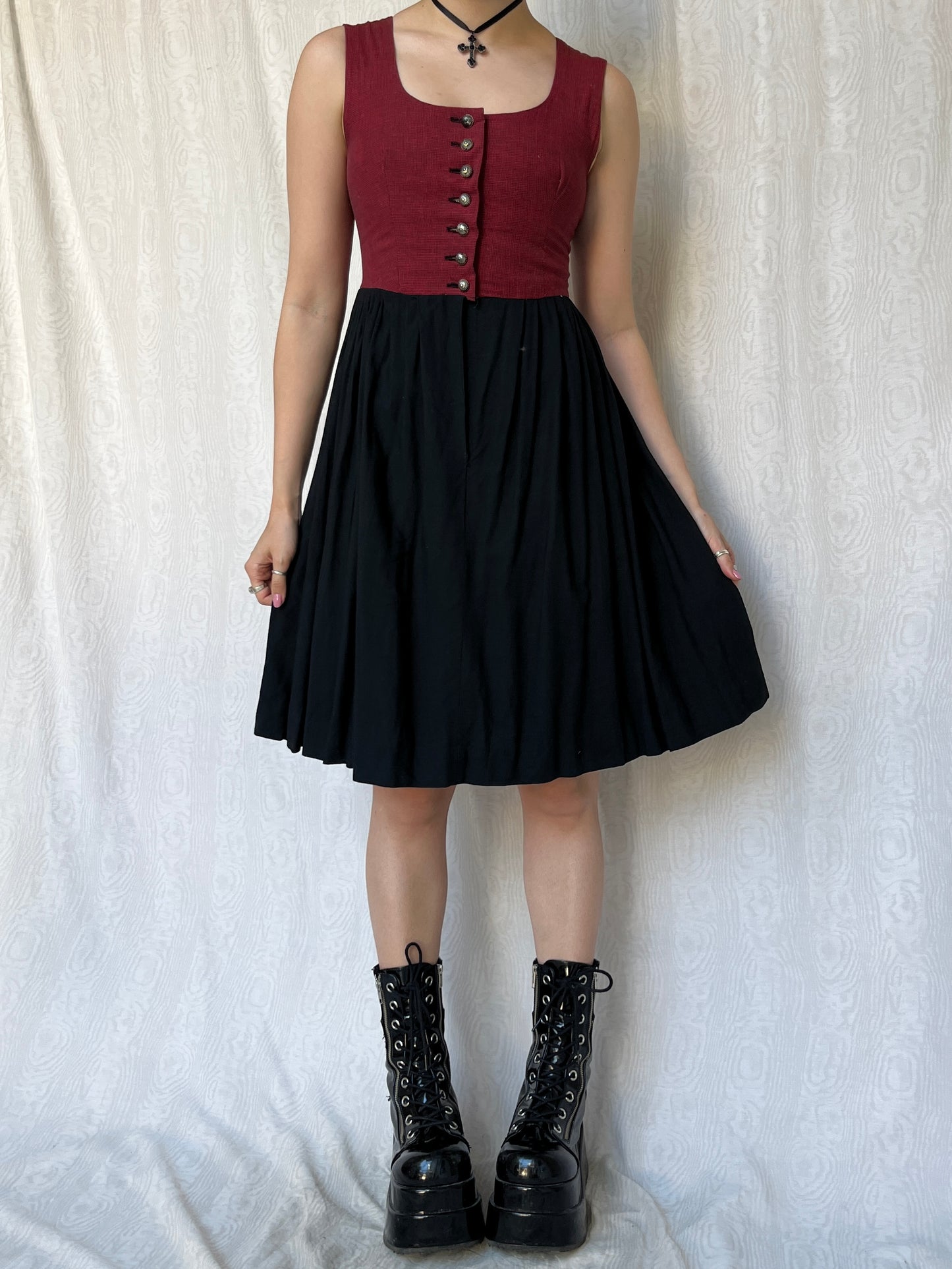 Vintage 00s Cottage Red & Black Knee Dress (XS)